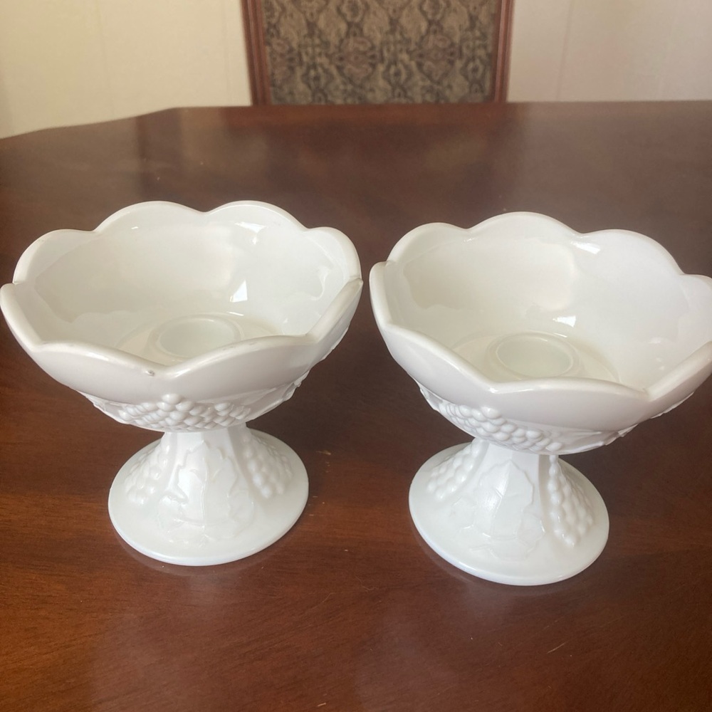 VTG Colony “Harvest” milk glass candle holders - grapes & leaf motif - USA